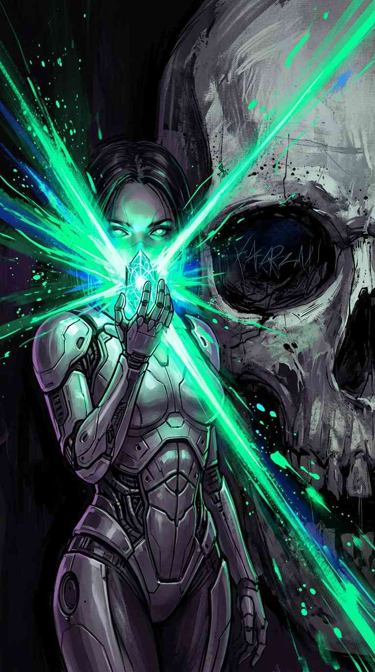 一位穿著賽博裝甲的女性手持綠色發光水晶，背景是大面積的骷髏繪圖。