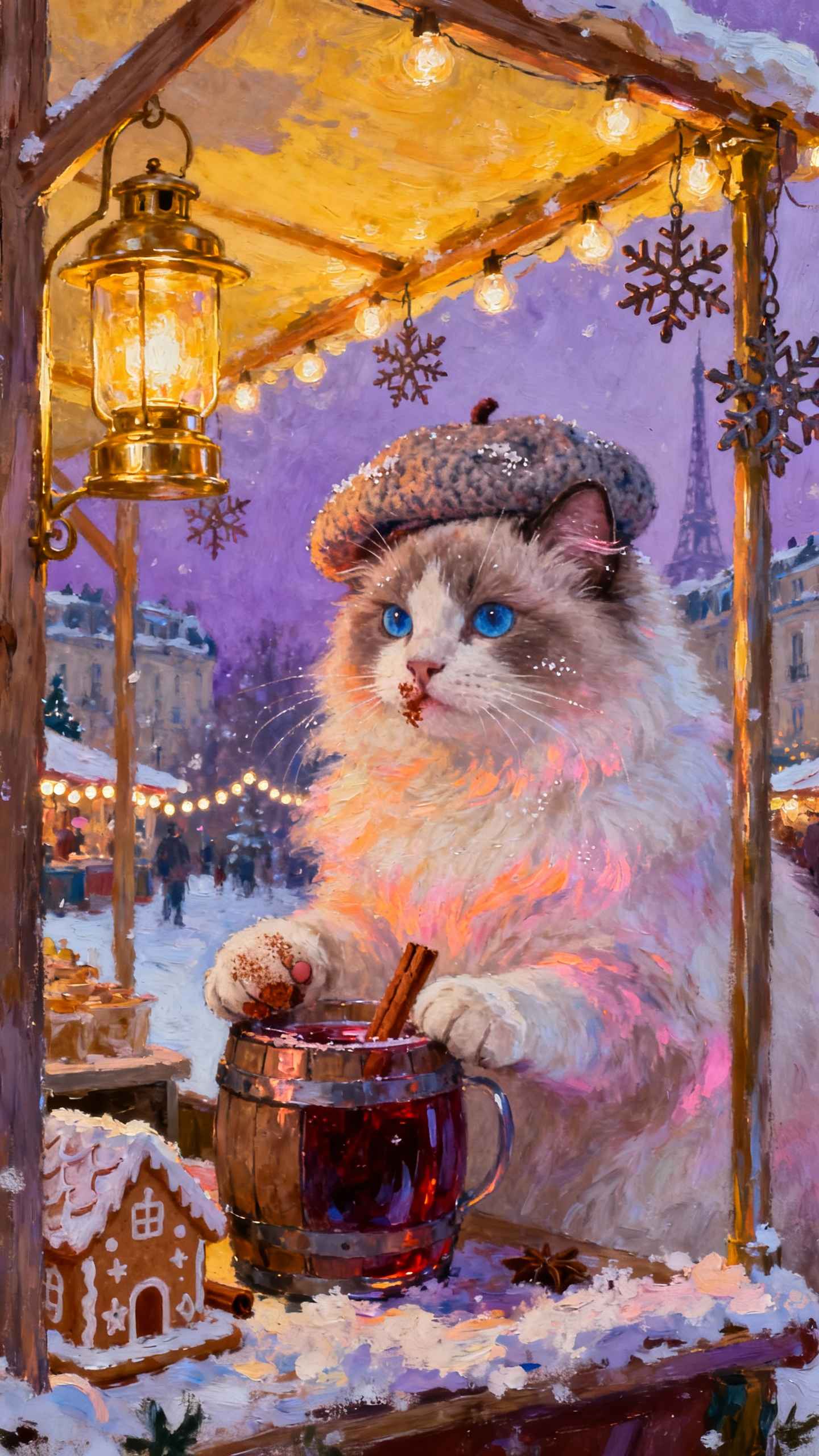 Gato Navideño en París - Fondos para Celular 4K