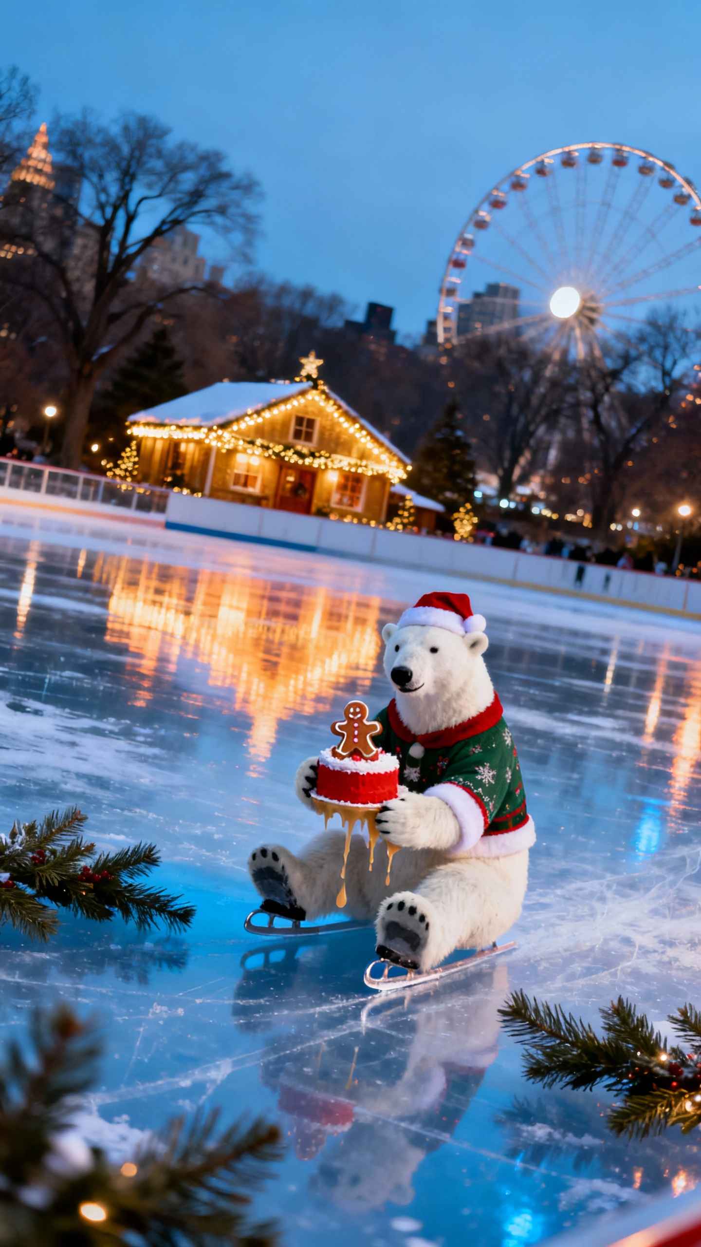 Weihnachts-Eisbär Schlittschuh - 4K Handy Wallpaper