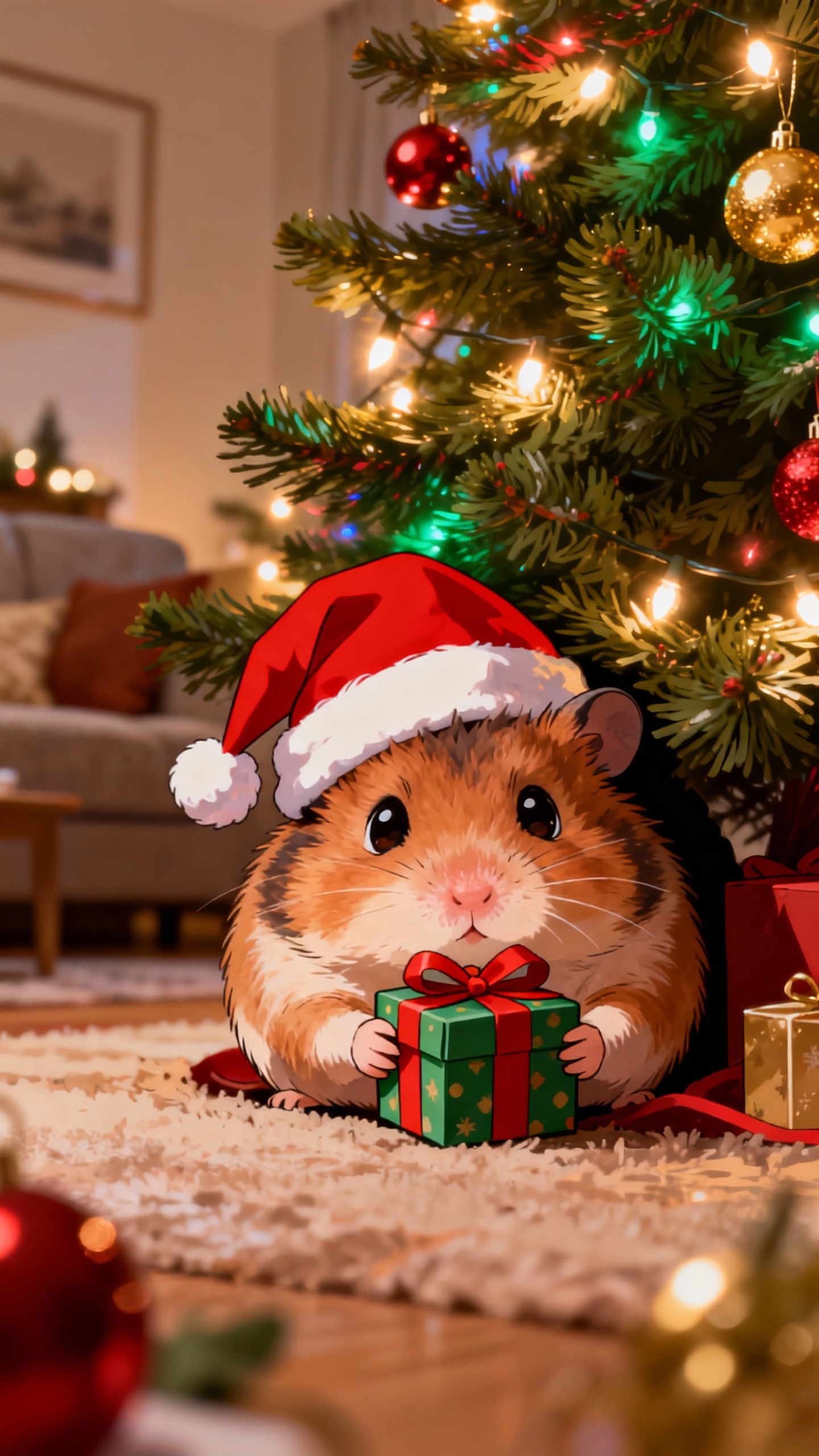 サンタの帽子をかぶり、クリスマスツリーの下で緑のプレゼントボックスを持っている可愛いハムスター。
