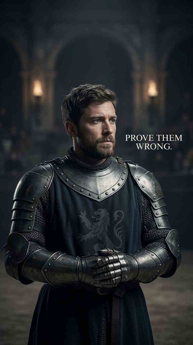 Ein cineastisches Bild eines bärtigen Ritters in schwarzer Rüstung mit Löwenwappen, neben dem Text 'PROVE THEM WRONG'.