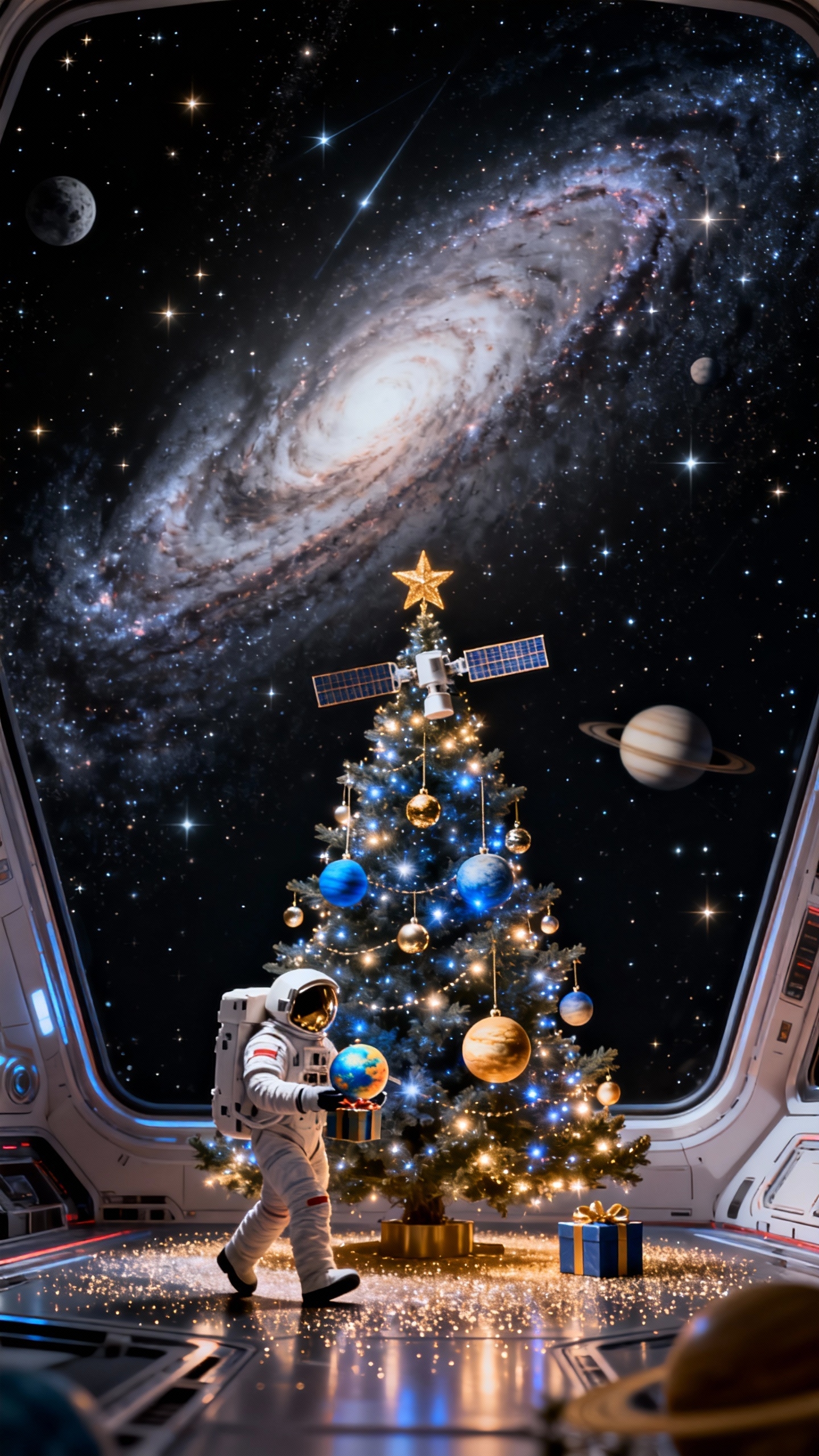 우주선 안에서 행성 장식으로 꾸며진 크리스마스 트리 옆에 서 있는 우주비행사. 창밖으로 거대한 은하수와 토성이 보임.