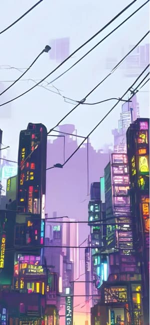 紫色の空とネオンサインが輝く、アニメスタイルの近未来的な都市の街並みと電線のイラスト。