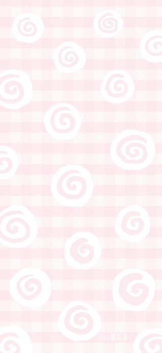 Fondo de pantalla vertical con patrón de cuadros vichy en rosa pastel y espirales blancas dibujadas a mano.