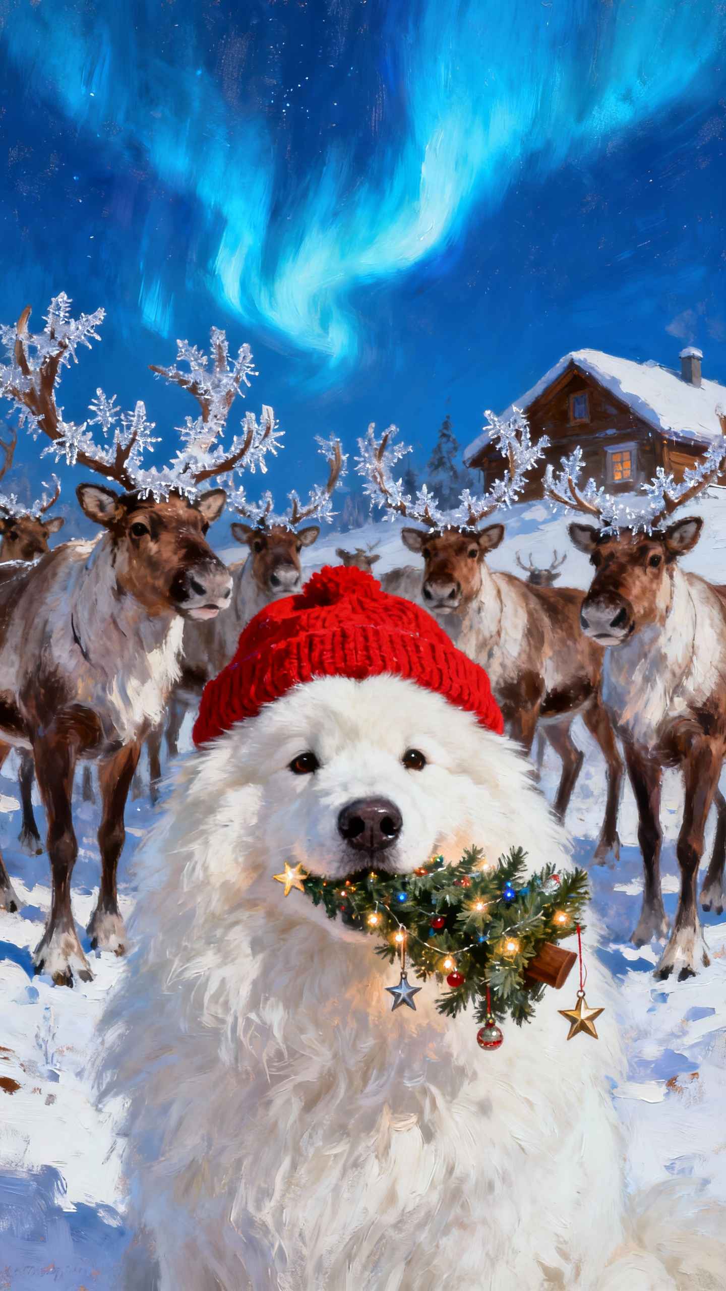 Samojede Weihnachtsnacht - 4K Handy Wallpaper