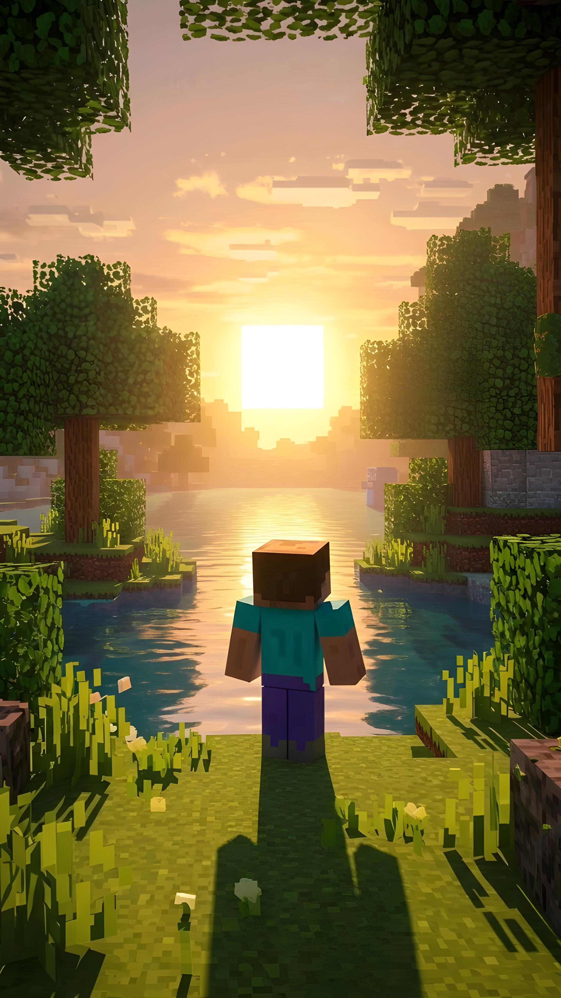 Minecraft 史蒂夫站在草地上，看著方塊太陽在平靜湖面升起落下的光影美景。