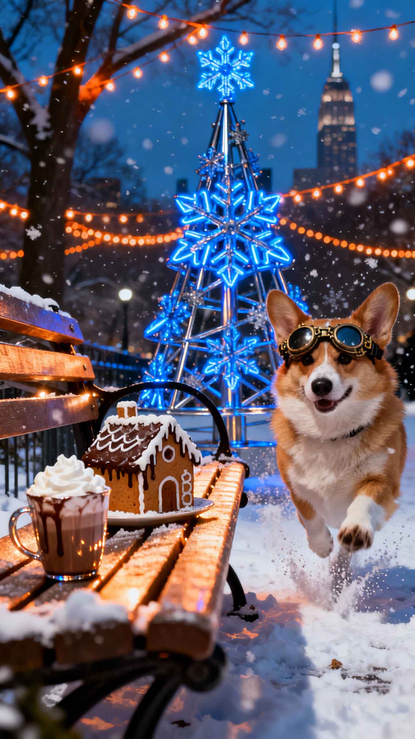 Festive Corgi in Winter New York - 4K Backgrounds