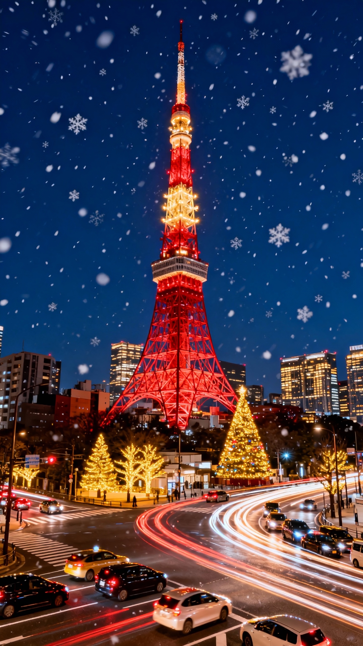 夜晚下著雪的東京鐵塔，前景有閃亮的聖誕樹和繁忙街道上的汽車光軌。