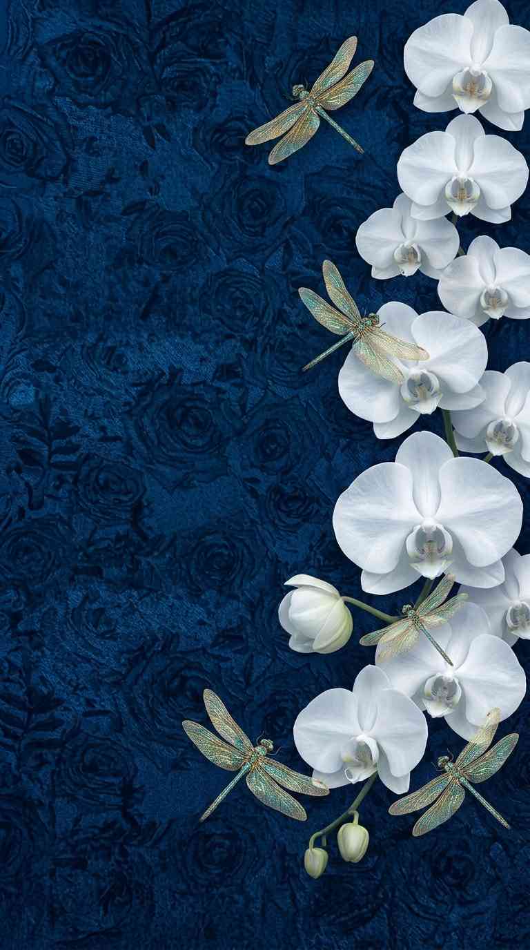 White Orchids & Iridescent Dragonflies - 4K Wallpaper