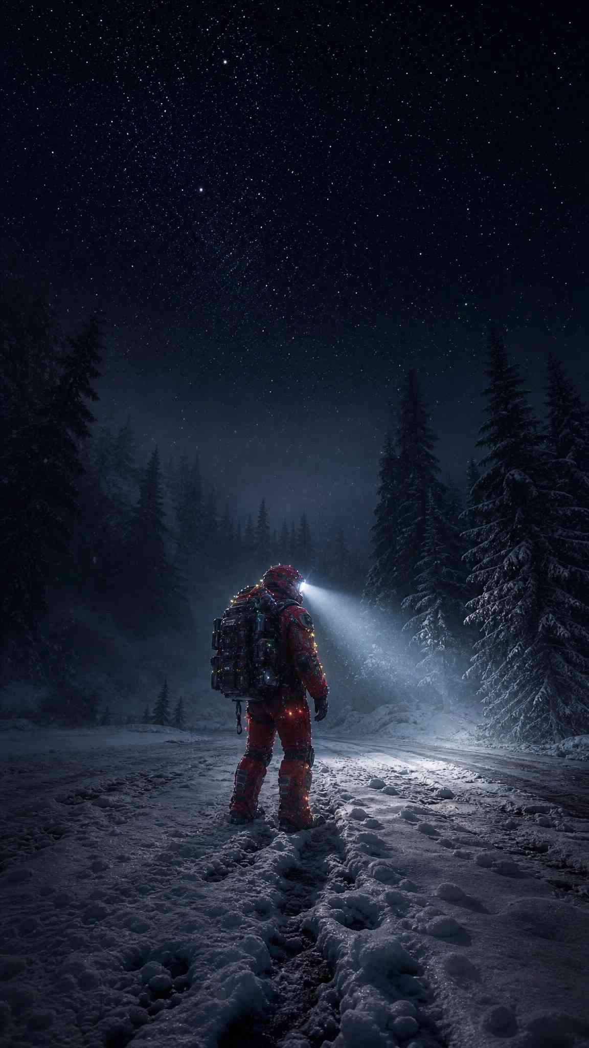 Red Astronaut Winter Forest - 4K Mobile Background