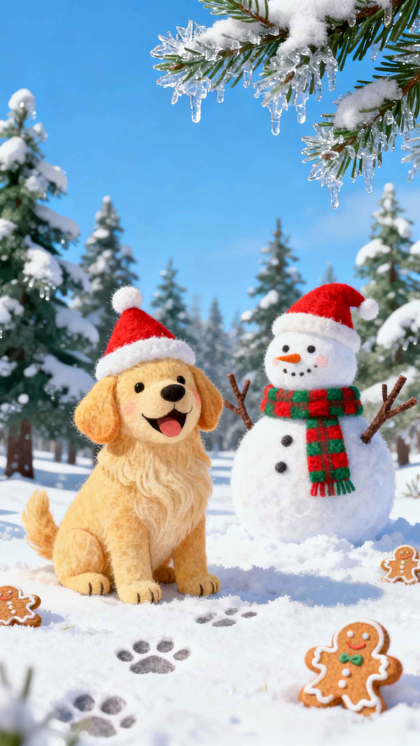 Christmas Golden Retriever & Snowman - 4K Mobile Background