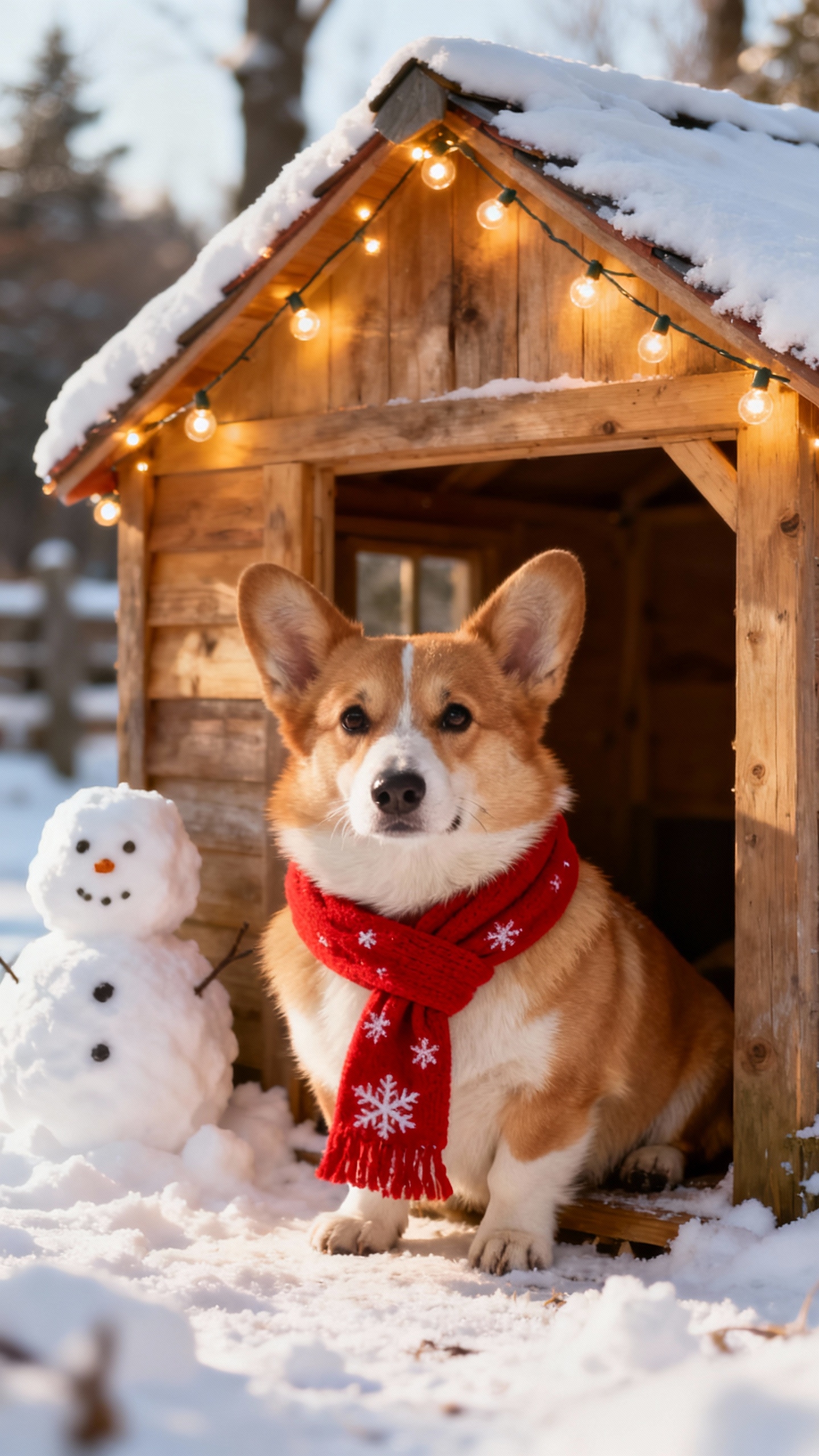 빨간색 눈꽃 무늬 목도리를 착용하고 눈 덮인 나무집 앞에 앉아 있는 귀여운 웰시코기와 꼬마 눈사람.