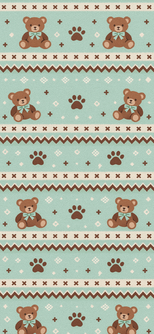 ミントグリーンの背景に、青いリボンのテディベアと肉球、幾何学模様が並んだ可愛いパターン画像。