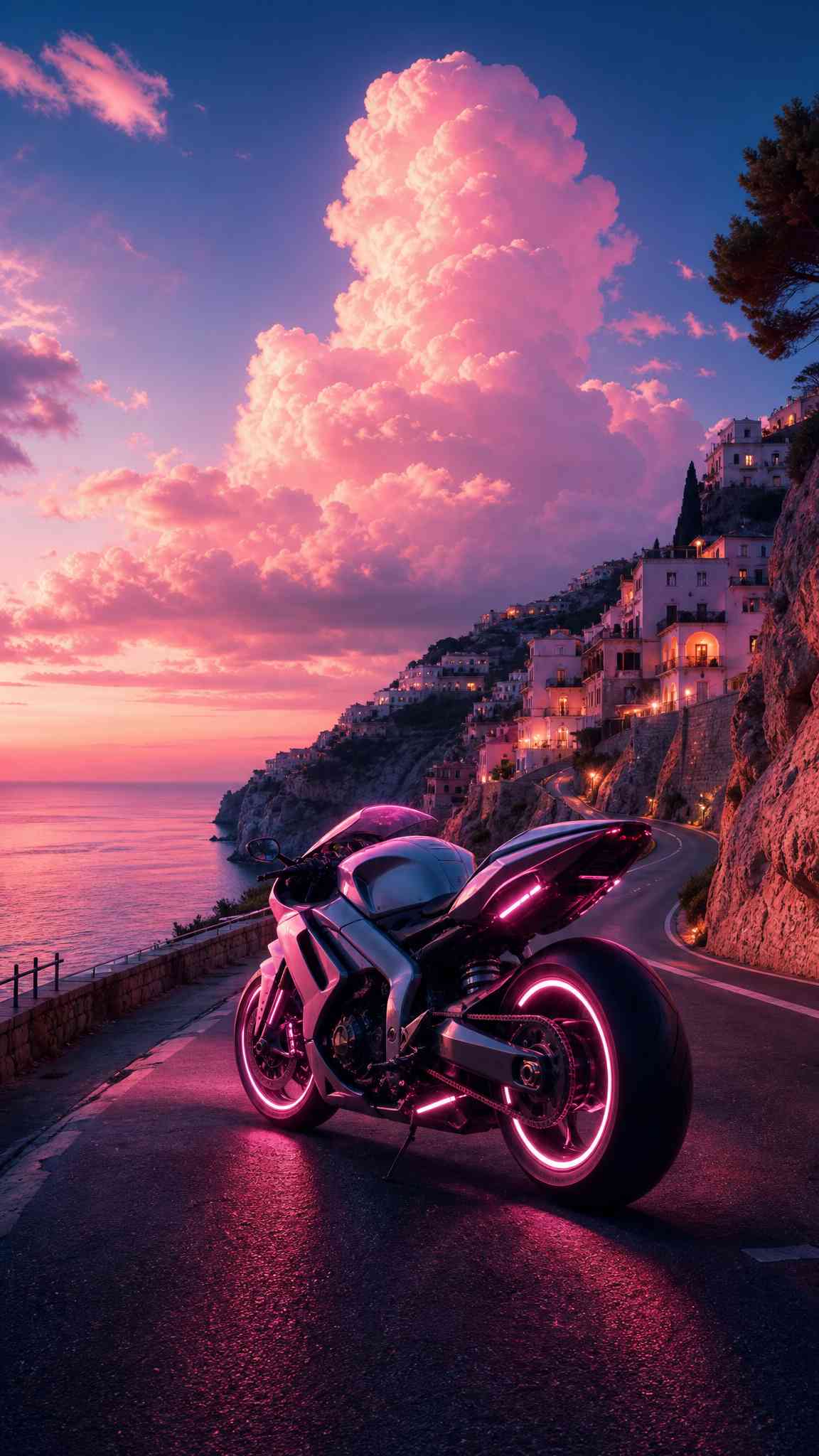 Neon Sport Motorcycle Coastal Sunset - 4K Wallpaper