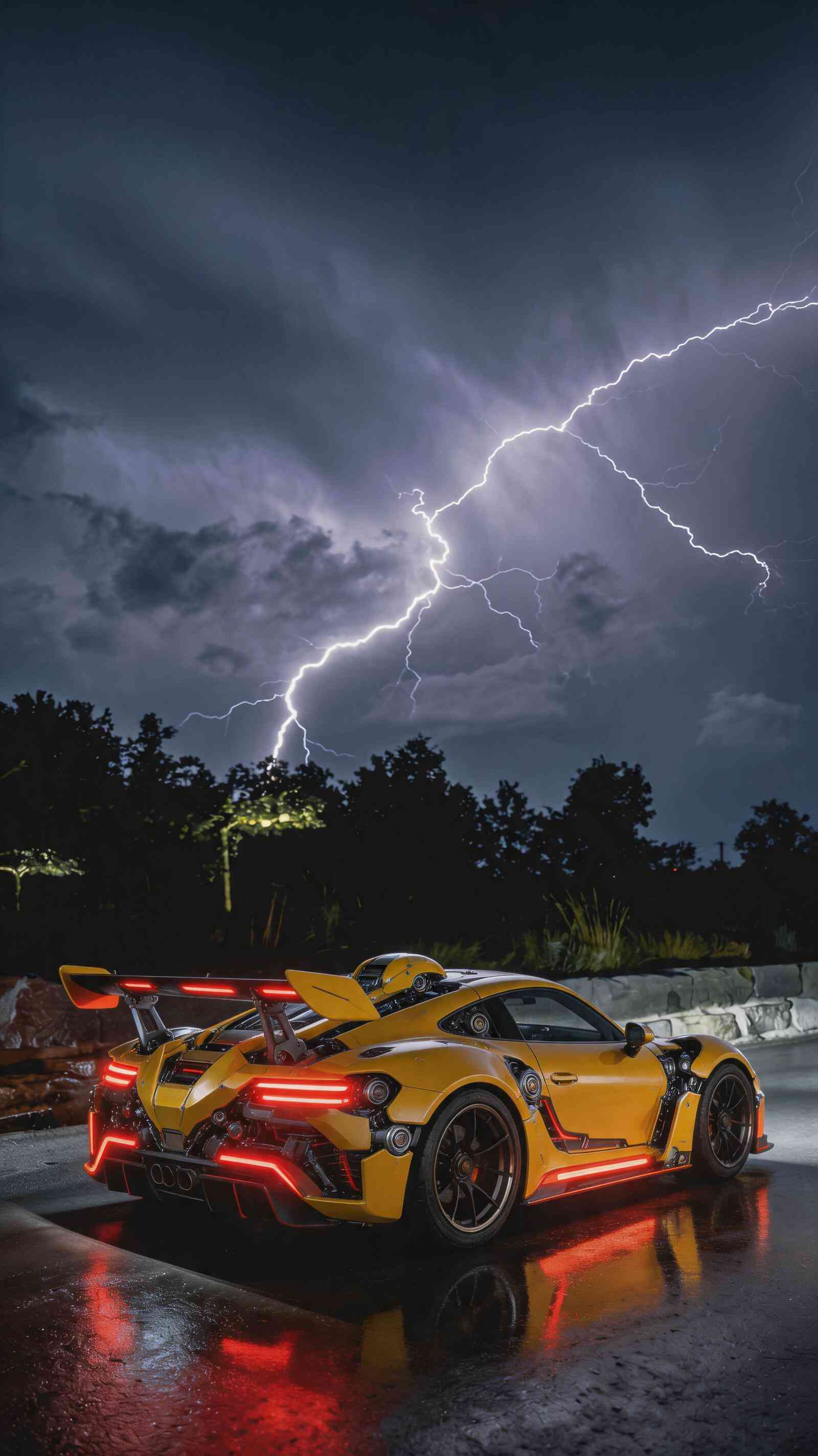 Epic Yellow Sports Car with Lightning 4K Wallpaper