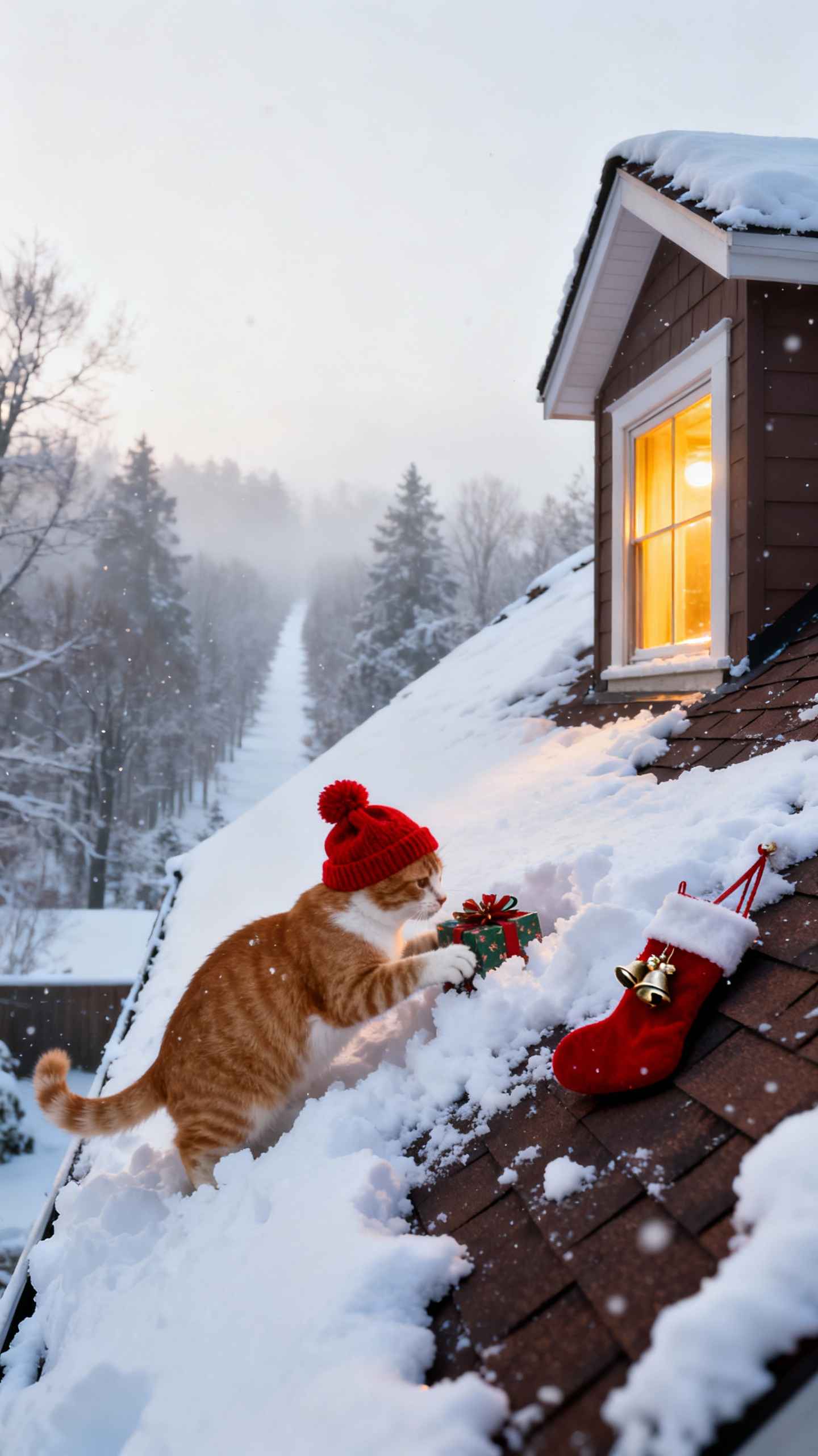 Eine rote Katze mit roter Pudelmütze auf einem verschneiten Hausdach neben einem Weihnachtsstrumpf und einem Geschenk.