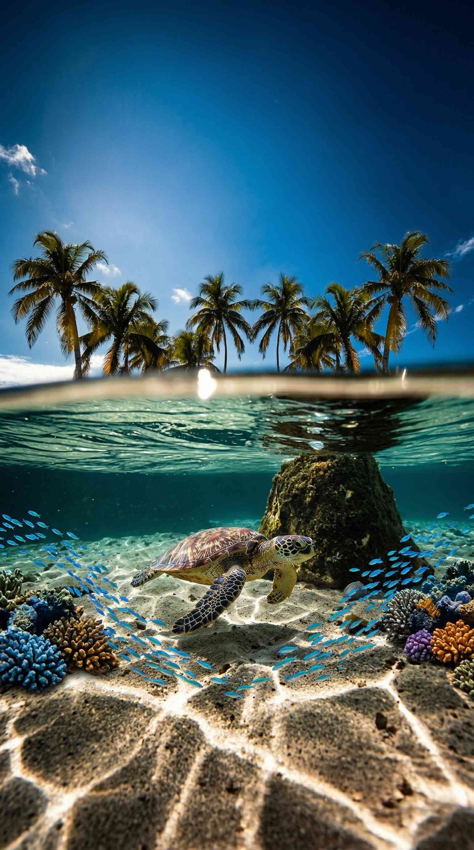 Sea Turtle Under Tropical Island - 4K Background