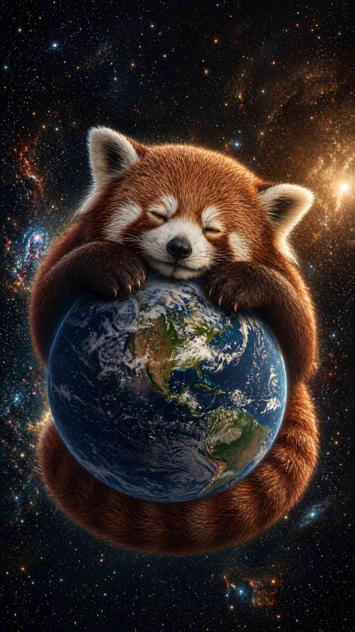 Adorable Red Panda Hugging Earth in Space Wallpaper