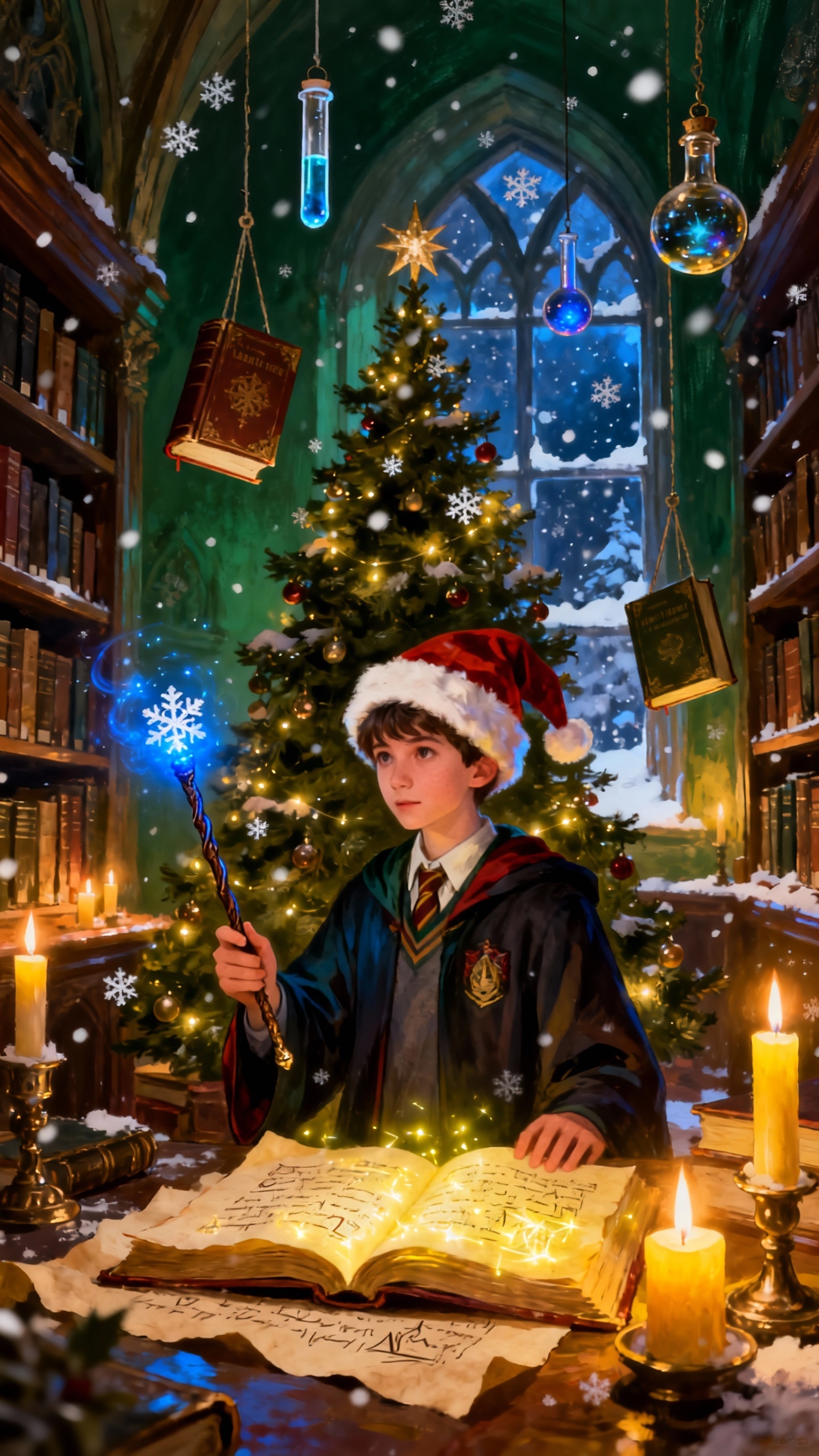 Sorcier de Noël et Bibliothèque - Fond d'écran 4K