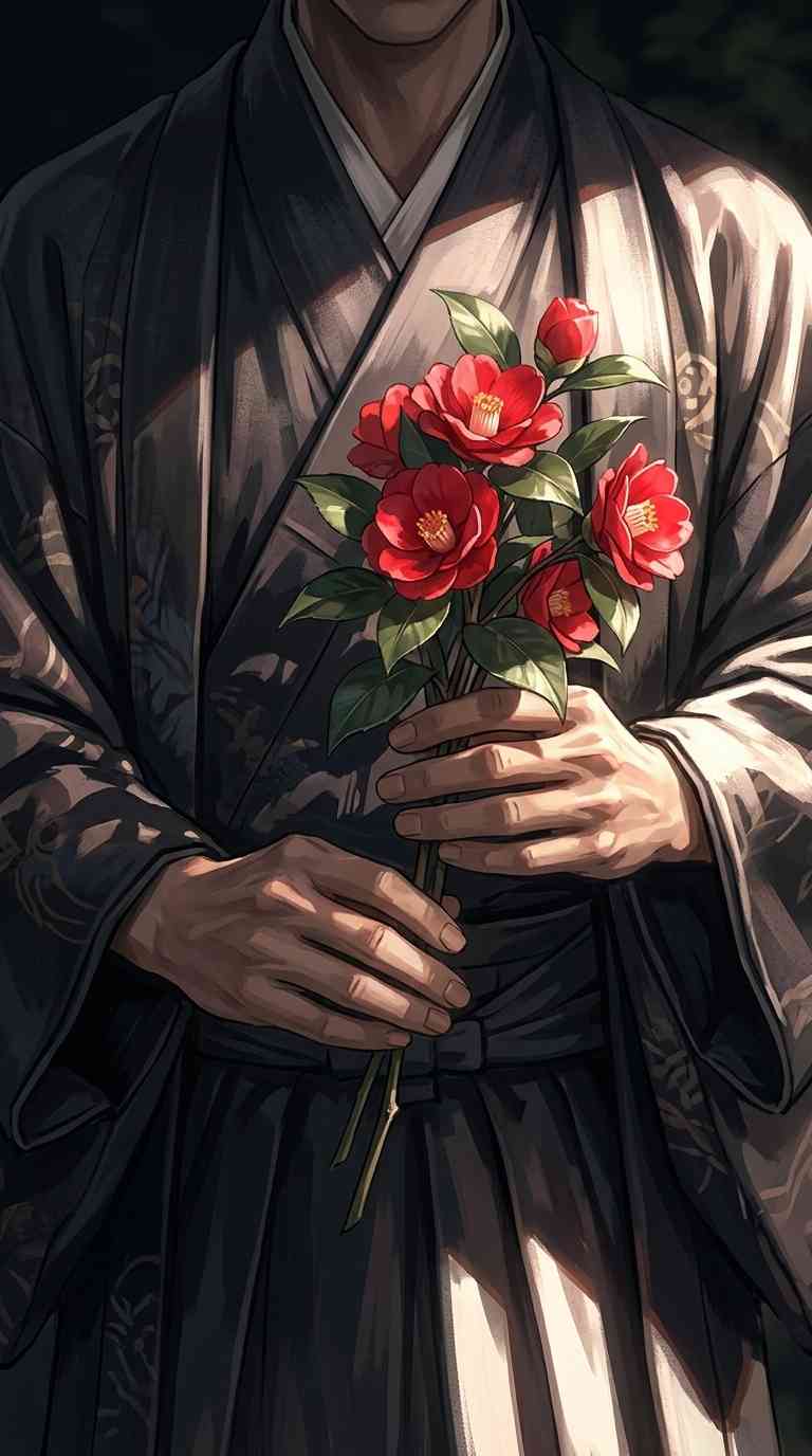 Hombre en Kimono y Camelias Rojas - 4K Fondos