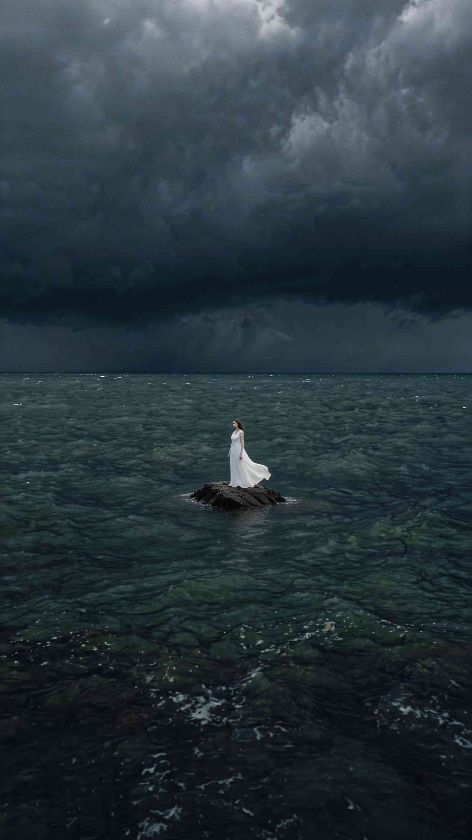 Woman in White Dress Stormy Sea - 4K Background