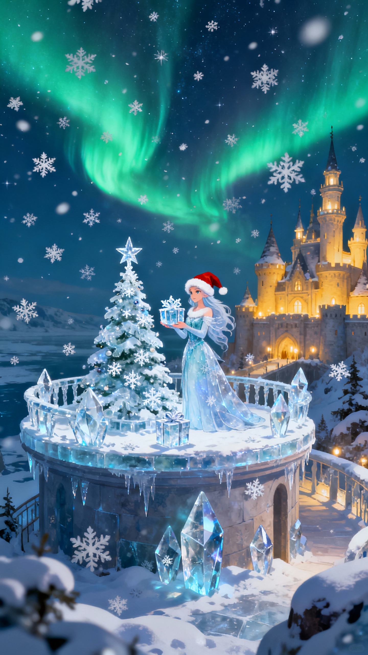 サンタの帽子をかぶり、オーロラと輝くお城を背景に、氷のバルコニーでクリスマスツリーの隣に立つ氷の女王のアニメ風イラスト。