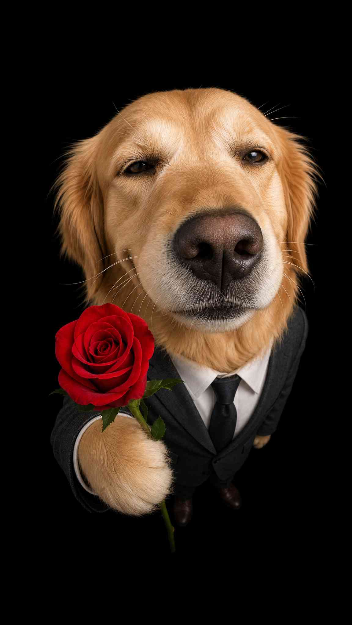 Golden Retriever in Suit with Rose 4K Wallpaper