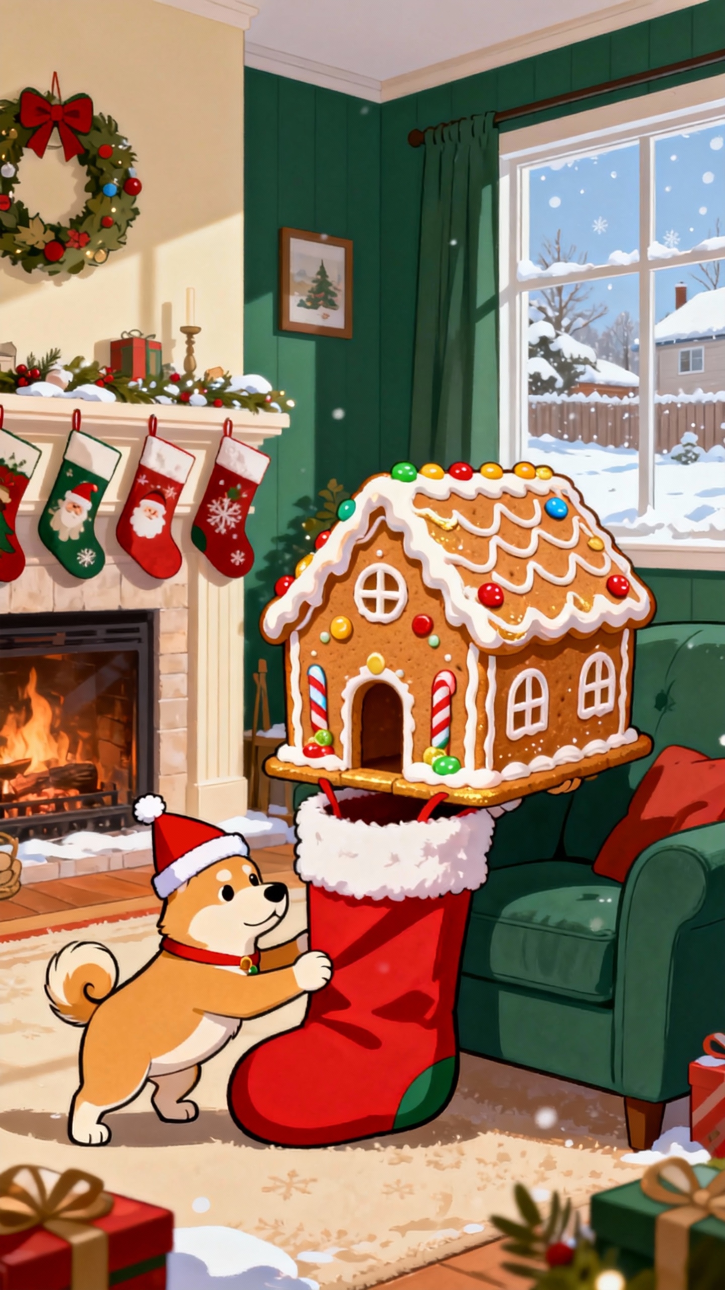 Weihnachts-Shiba Inu & Lebkuchenhaus - 4K Wallpaper