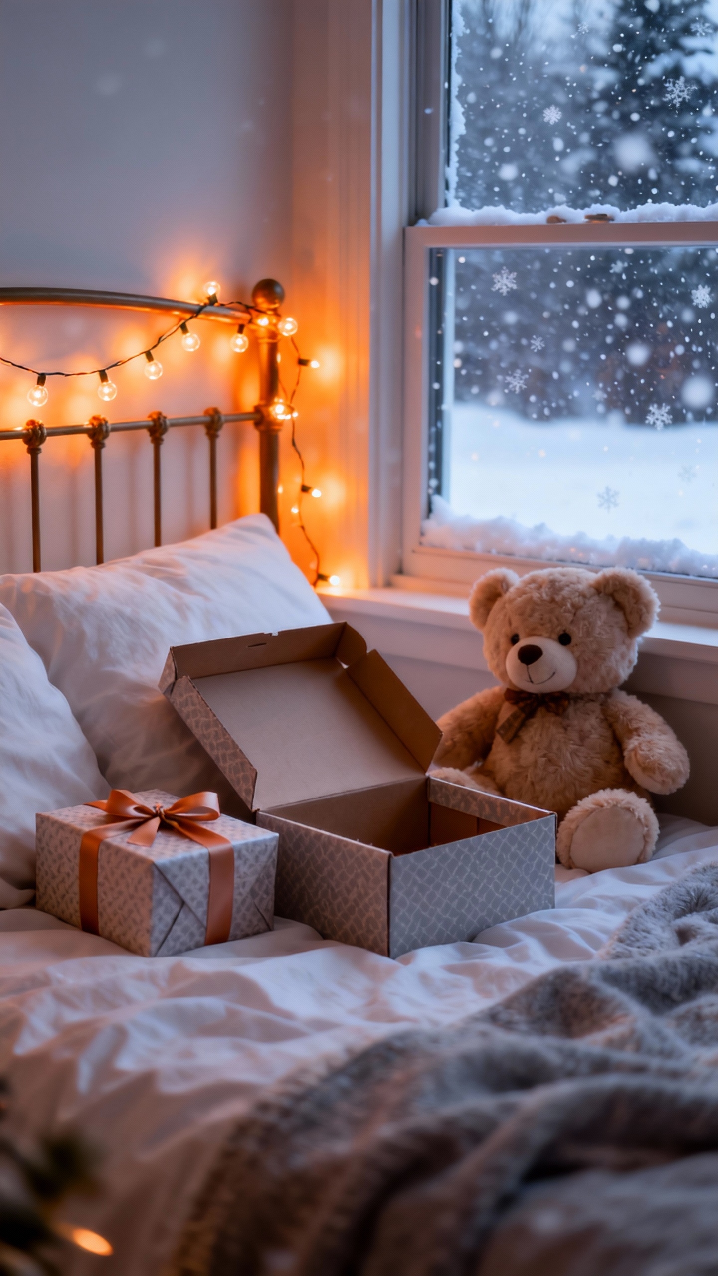 溫馨的臥室，床上有泰迪熊和禮物盒，窗外正下著雪。