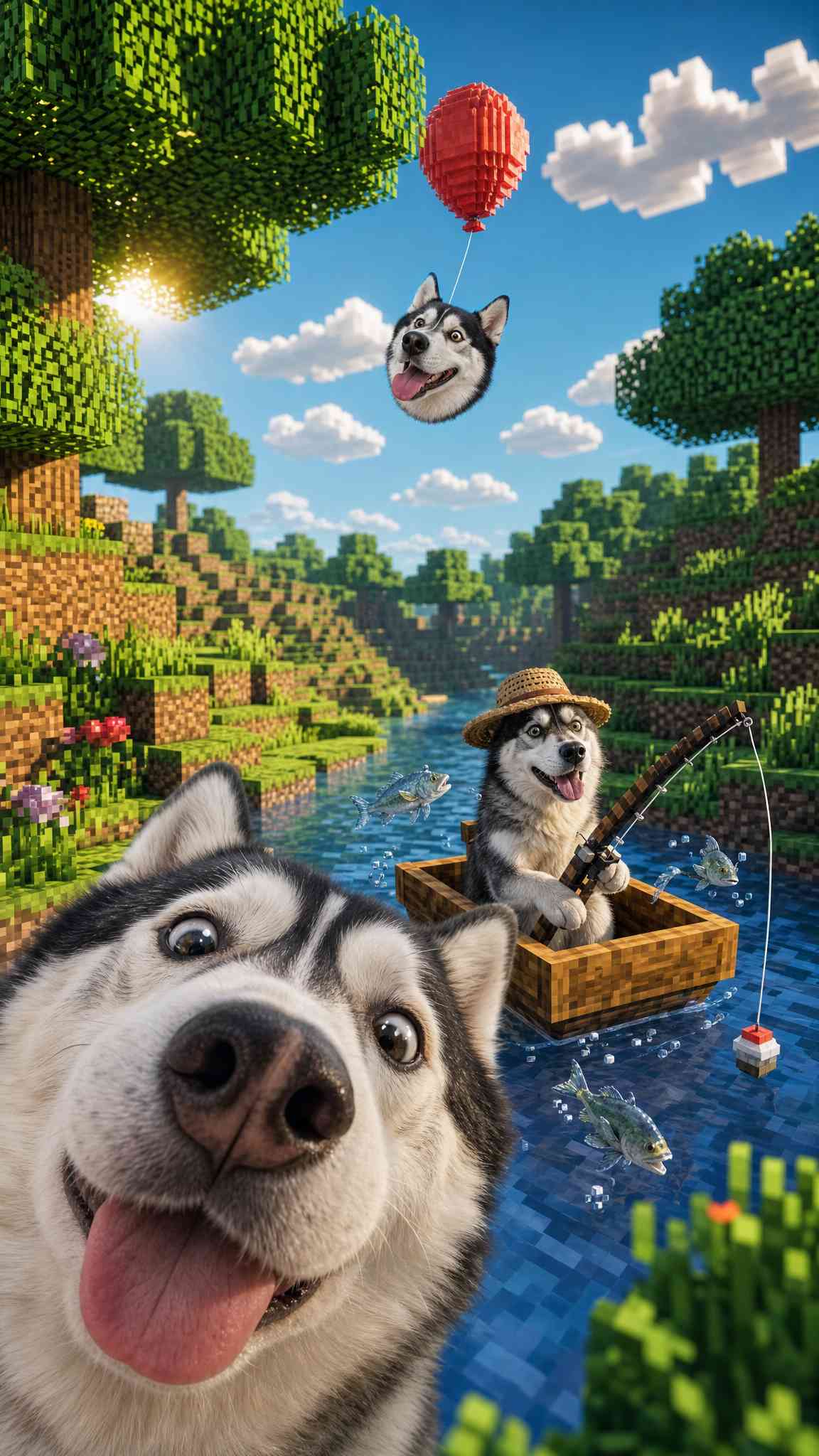 Playful Huskies Minecraft Adventure Wallpaper