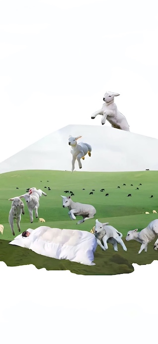 초록색 언덕 위 침대에서 잠든 사람 주위로 하얀 어린 양들이 공중으로 뛰어오르는 몽환적인 분위기의 디지털 아트.