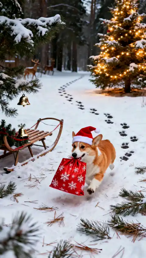 クリスマス コーギーの動く壁紙 - 雪の森