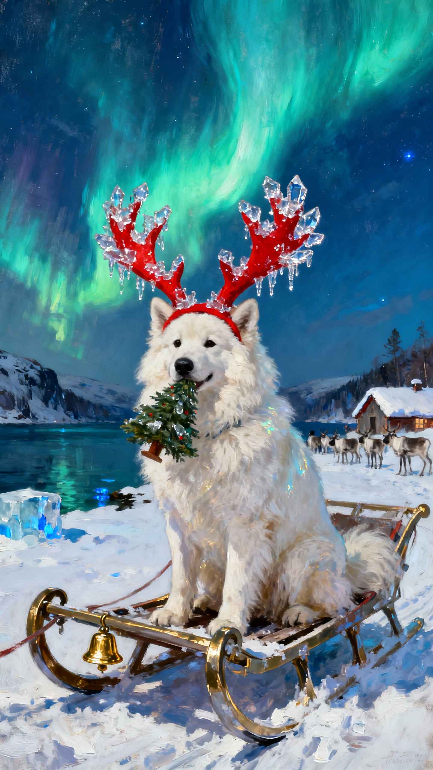 Samoyedo de Navidad y Auroras - Fondos para Celular 4K