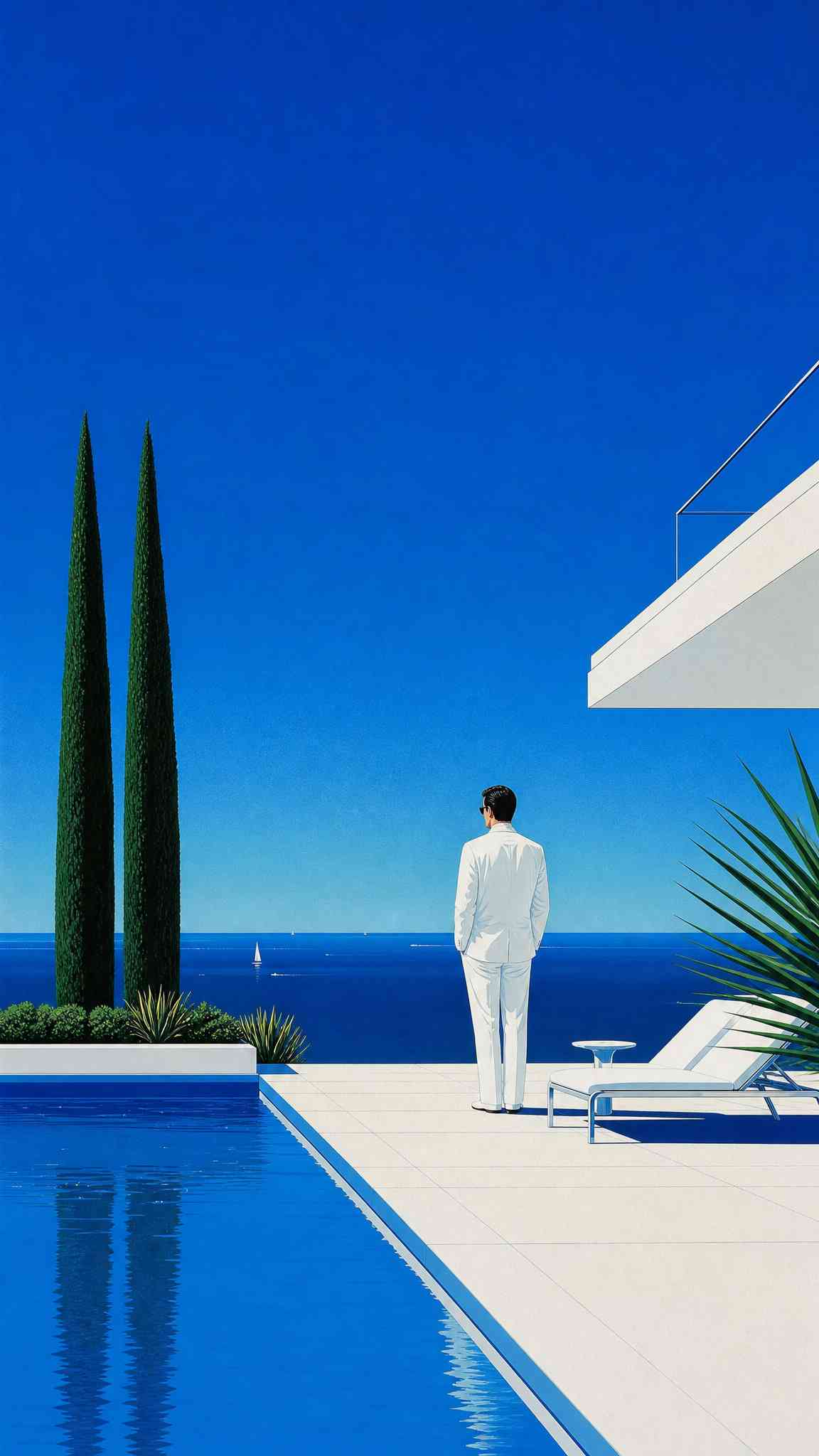 Serene Blue Ocean View with Man in White Suit Wallpaper
