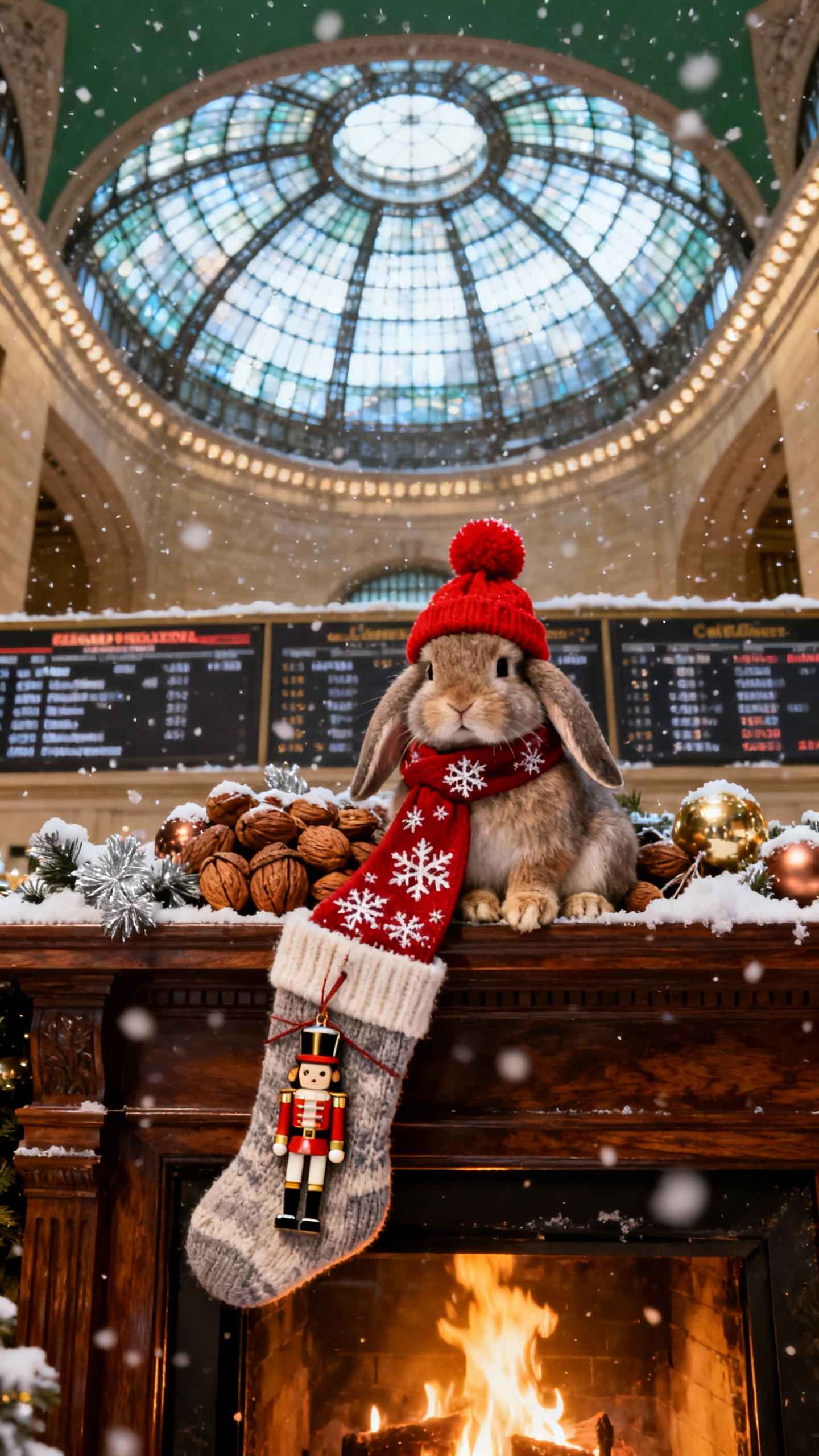 Christmas Rabbit by Fireplace - 4K Wallpapers