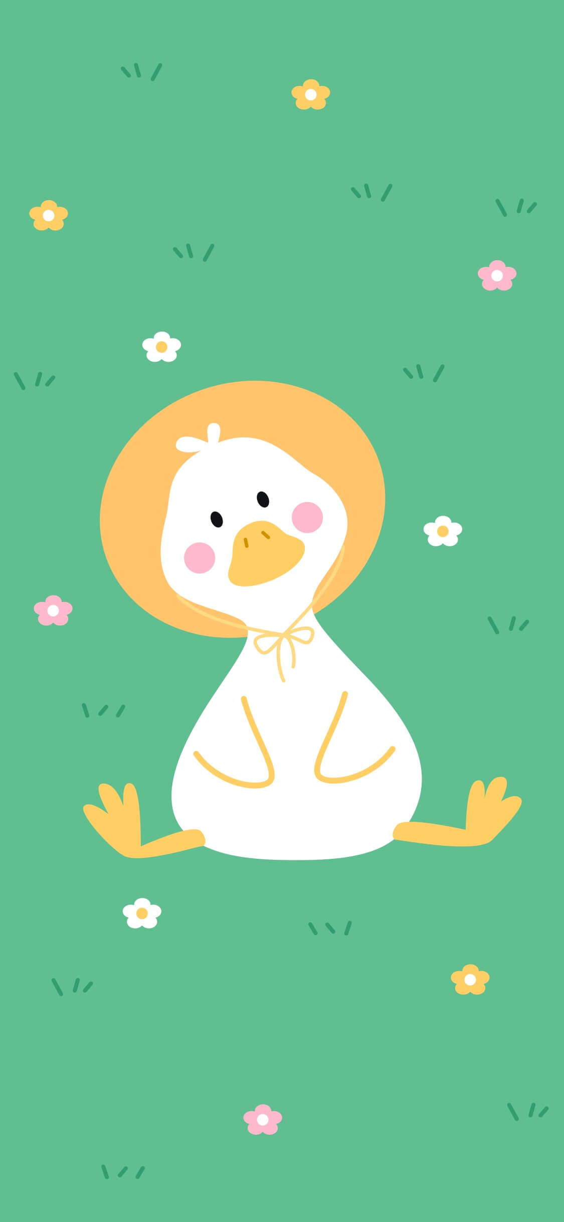 Ilustración animada de un patito blanco con sombrero amarillo sentado en un campo verde con flores.