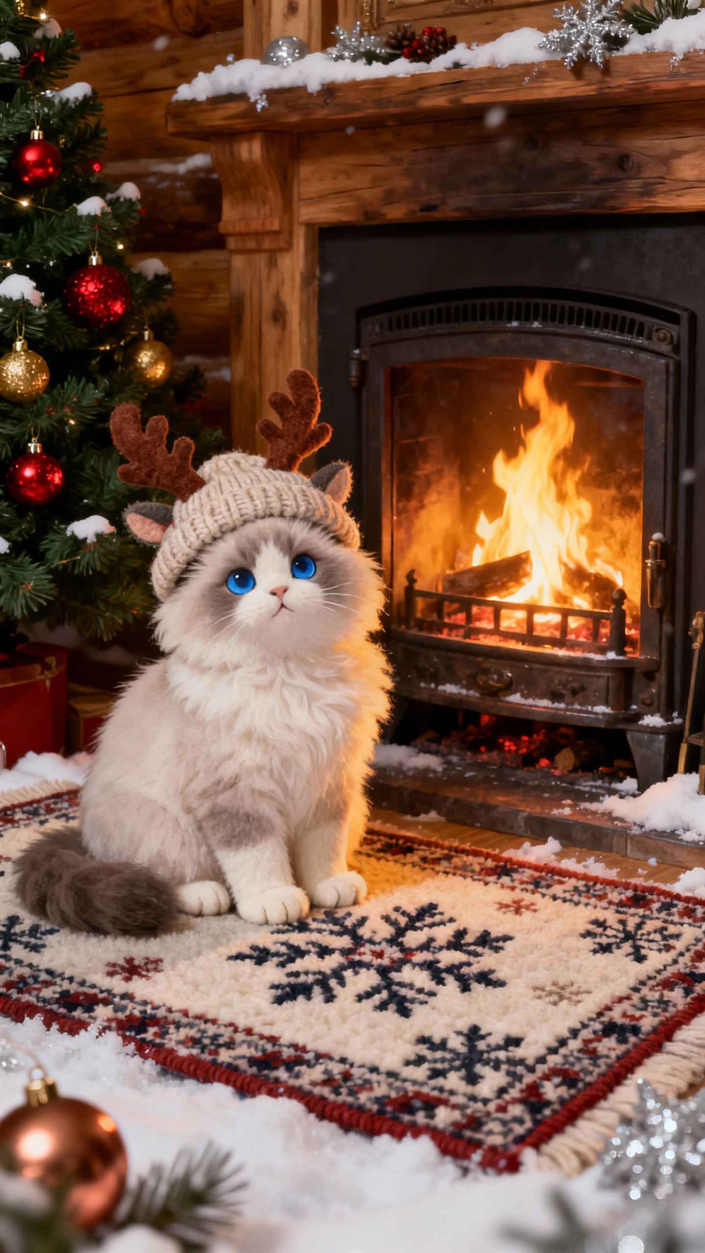 クリスマスの猫（トナカイ帽子）- 4K 壁紙・待ち受け