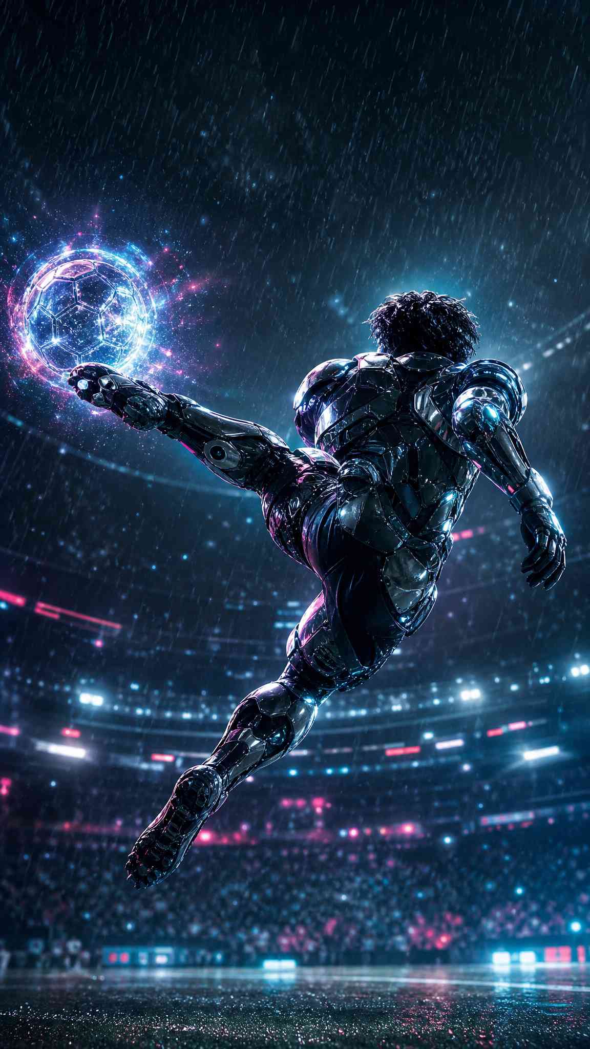 Futuristischer Fußballspieler Tritt Leuchtenden Ball Wallpaper