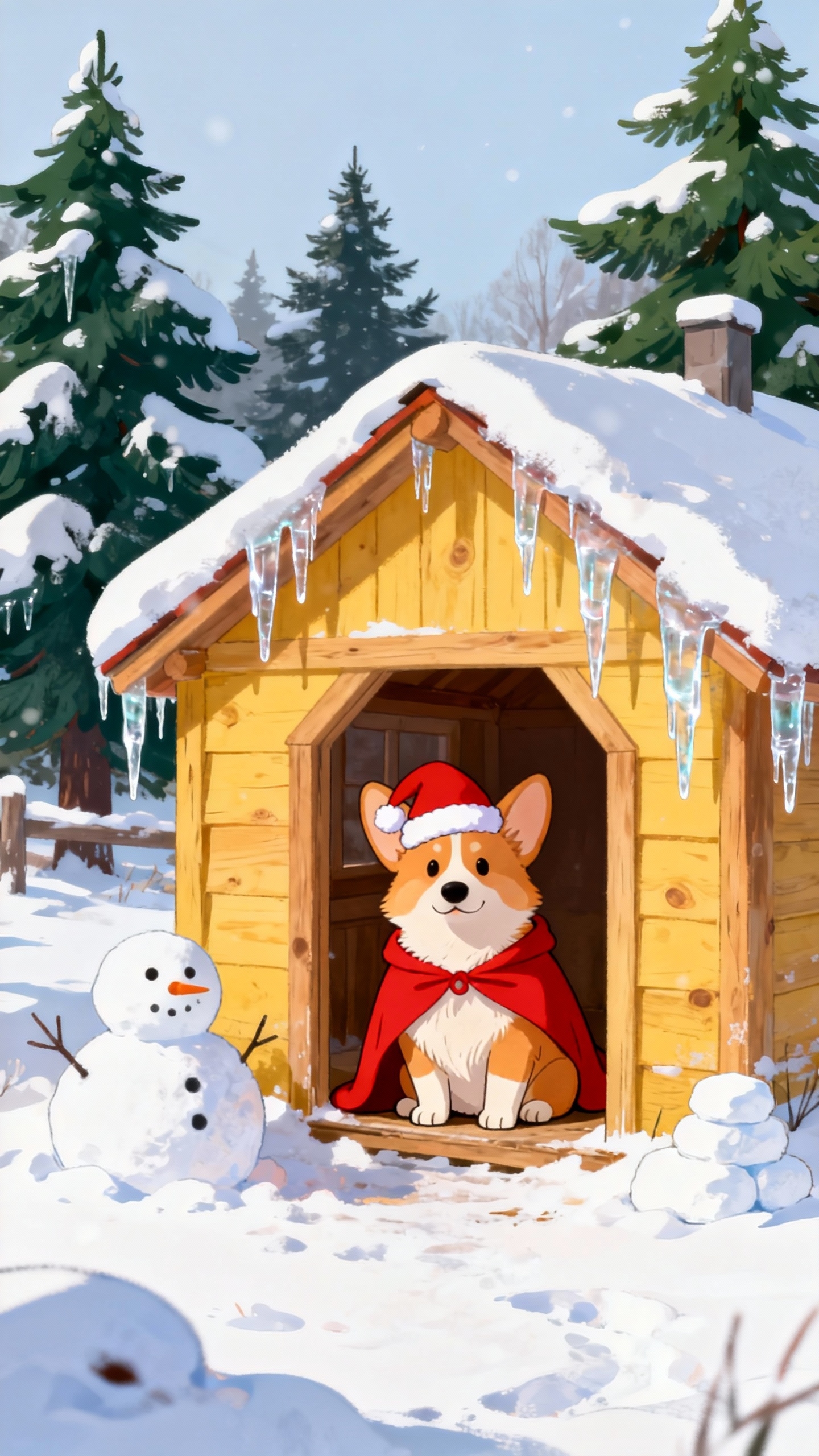 Santa Corgi im Winterhaus - 4K Hintergrundbilder