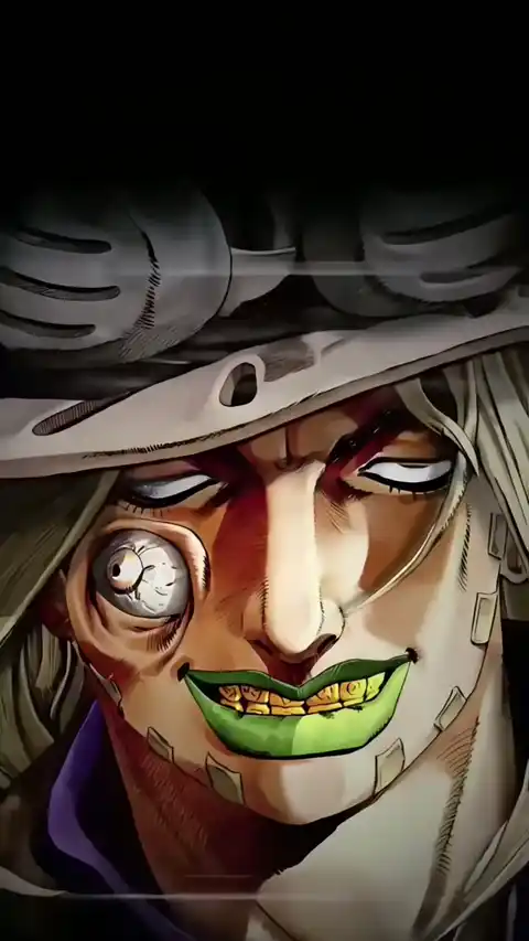 Close-up animated illustration of Gyro Zeppeli from Steel Ball Run with gold teeth and goggles.