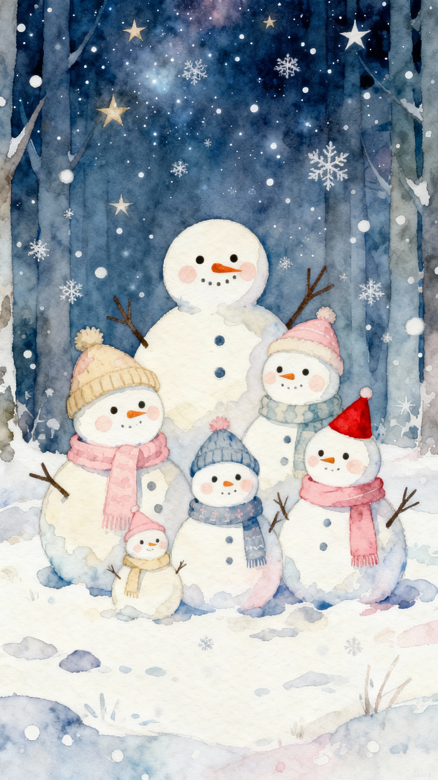 一幅溫柔的水彩插畫，描繪了戴著彩色帽子和圍巾的雪人家族，站在星空下的雪地森林中。