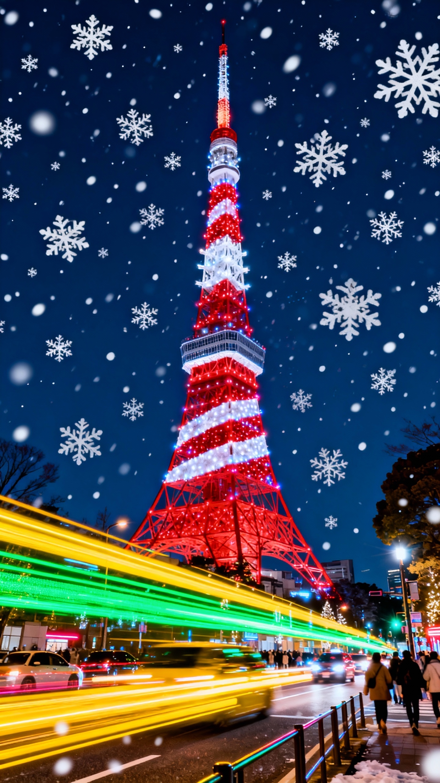 雪夜中閃耀紅白光芒的東京鐵塔，前方有著繽紛的車流光軌。