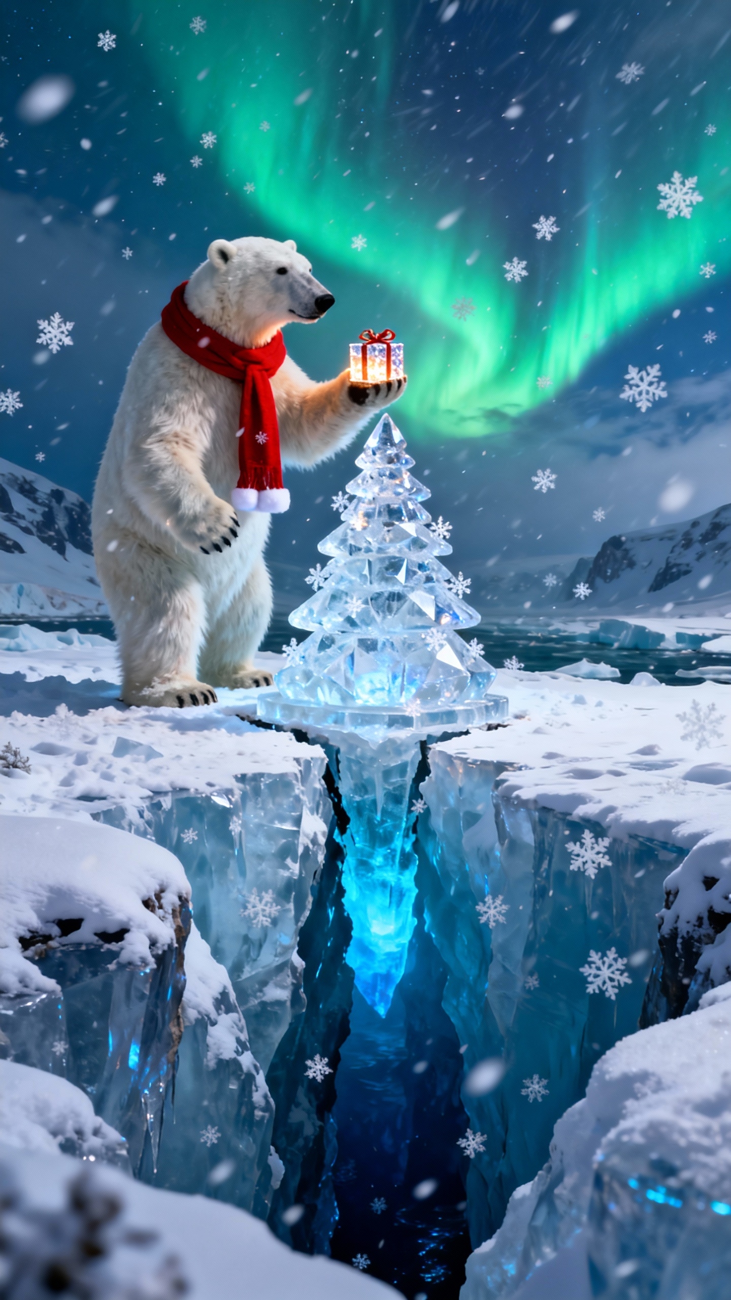 Festive Polar Bear & Ice Crystal Tree - 4K Wallpaper
