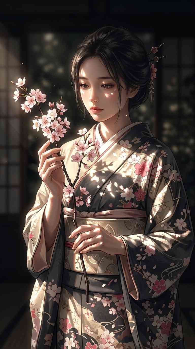 Mujer en Kimono y Cerezos - Fondos de Pantalla 4K