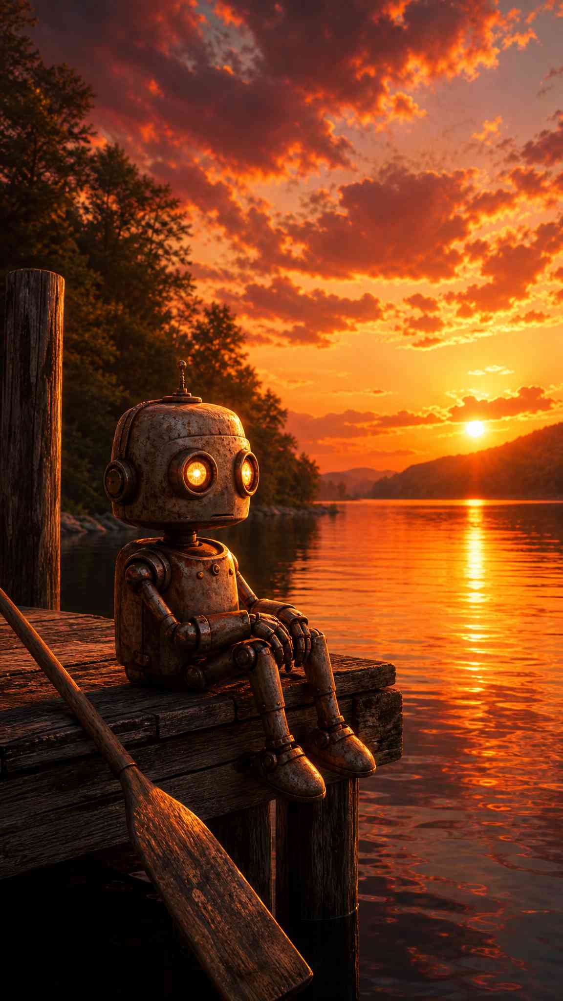 Lonely Robot Lake Sunset - 4K Phone Wallpaper