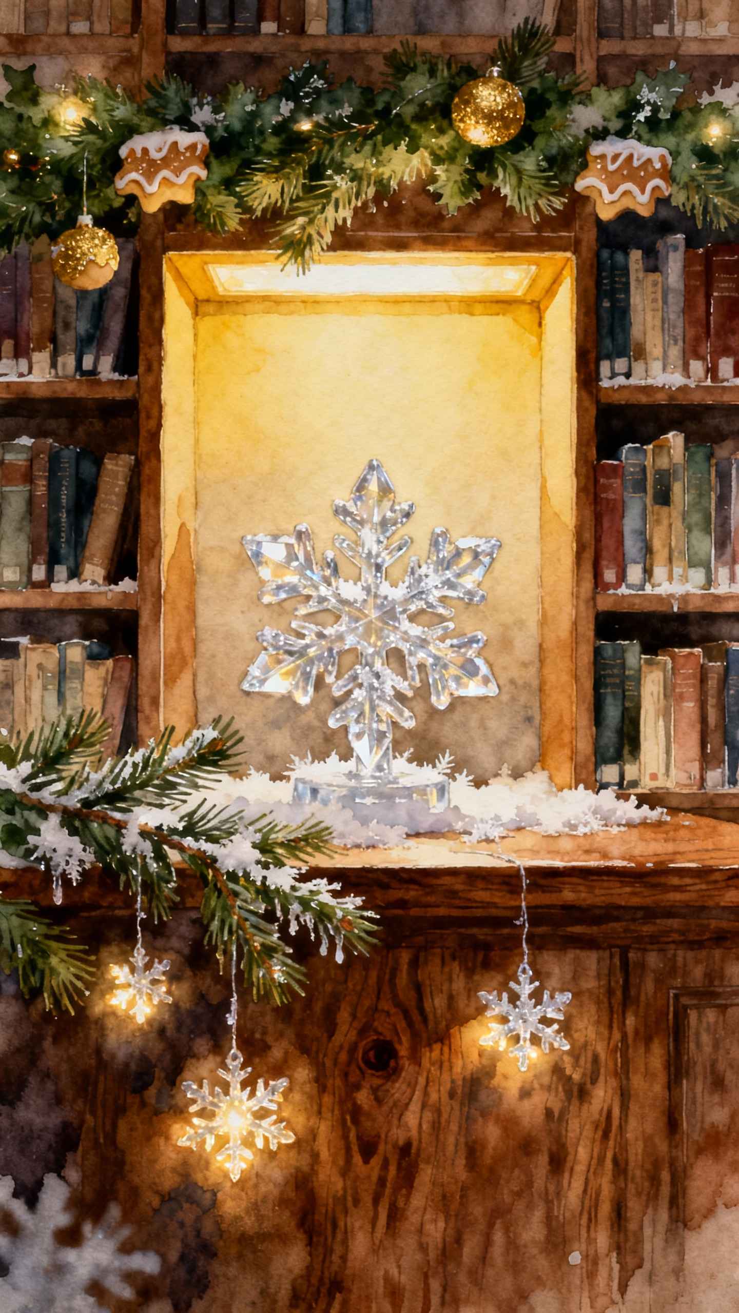 Christmas Snowflake Library Watercolor - 4K Wallpaper