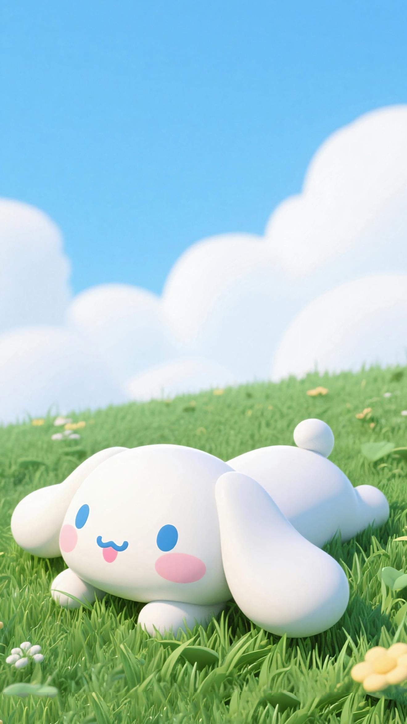 3D 渲染的大耳狗喜拿躺在綠色的草地上，背景是藍天白雲。