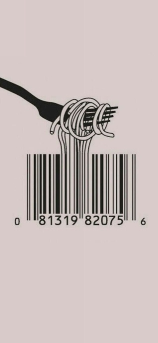 一個叉子捲起義大利麵，麵條末端變成條碼的極簡插畫。