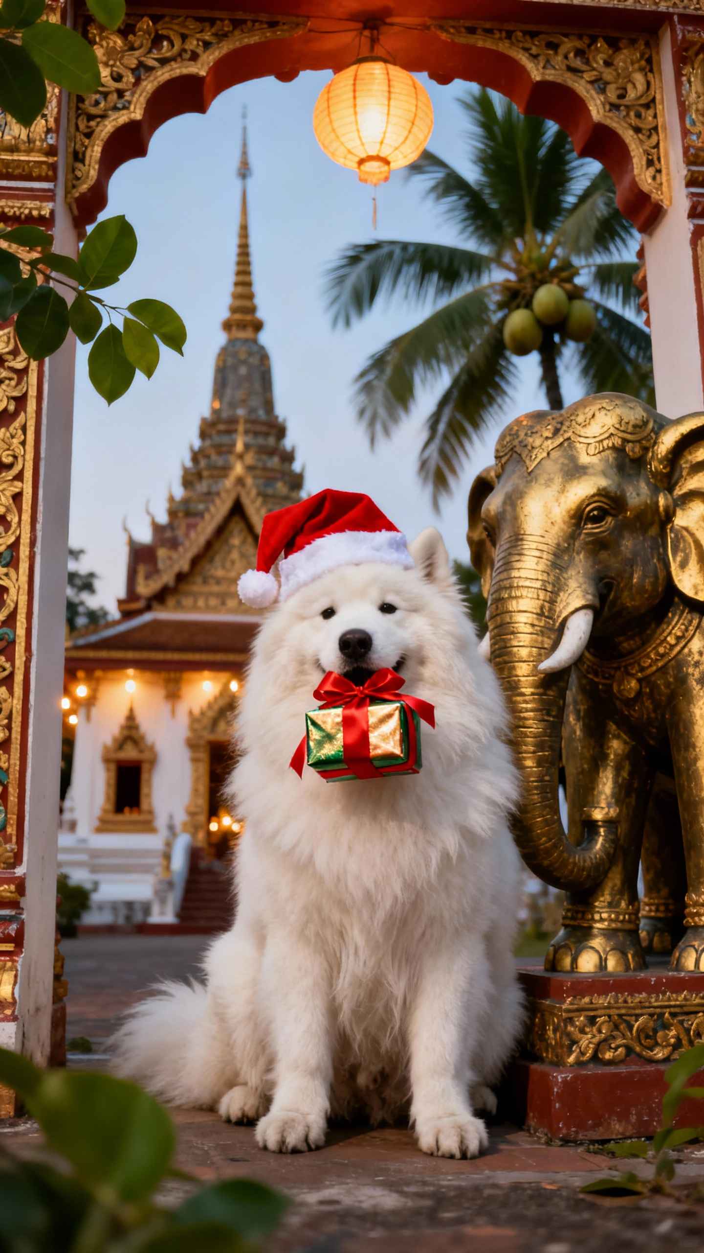 Weihnachtlicher Samojede in Thailand - 4K Wallpaper