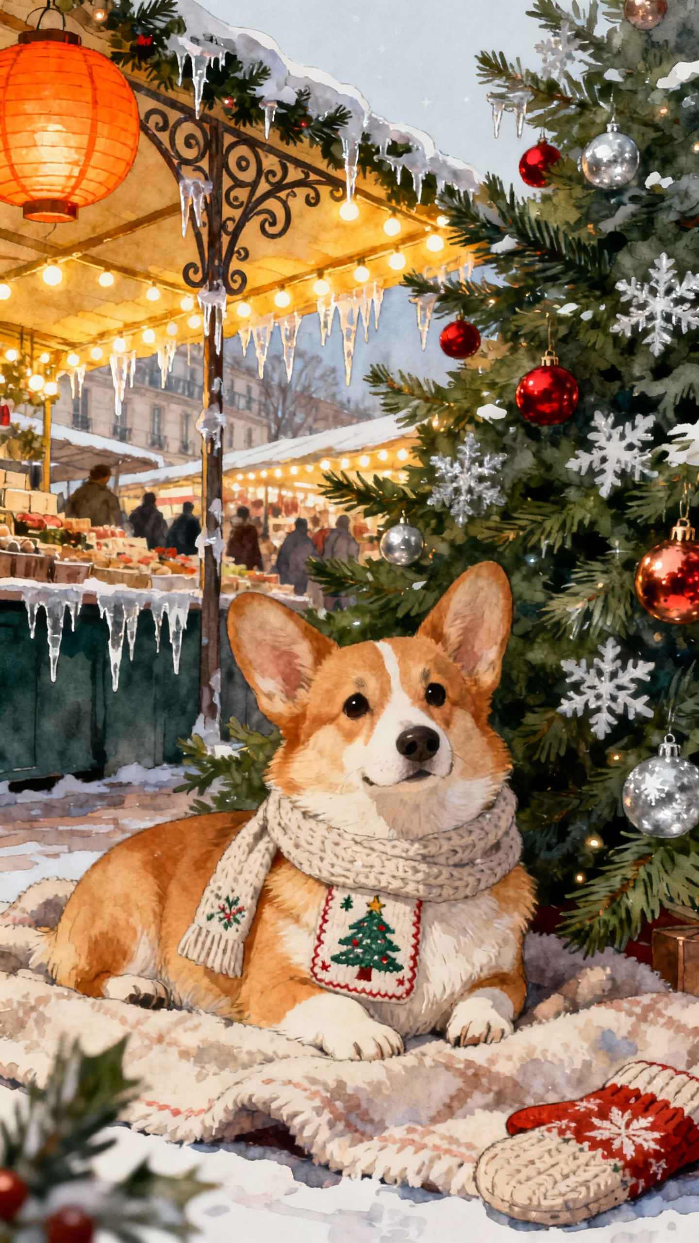 Corgi de Noël au Marché d'Hiver - Fond d'écran 4K